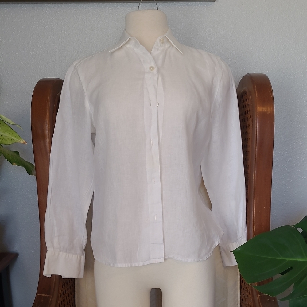 Linda Allard Ellen Tracy White Blouse 100% Linen